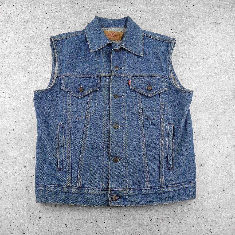 Vintage 90s Levis 60514-0214 Mens Medium Blue Denim Trucker Vest Made in USA